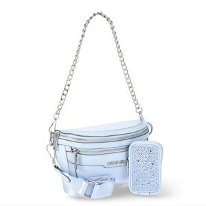 Madden NYC Women's Silver Chain Pocket Fanny Pack Crossbody W/Pouch Pastel Blue